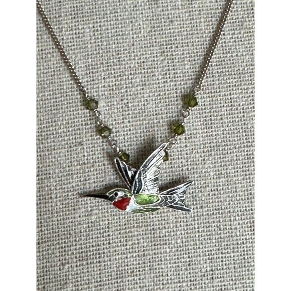 Hummingbird Pendant Necklace With Green Beads On Silver Chain 18 Inches Dainty - Picture 1 of 6